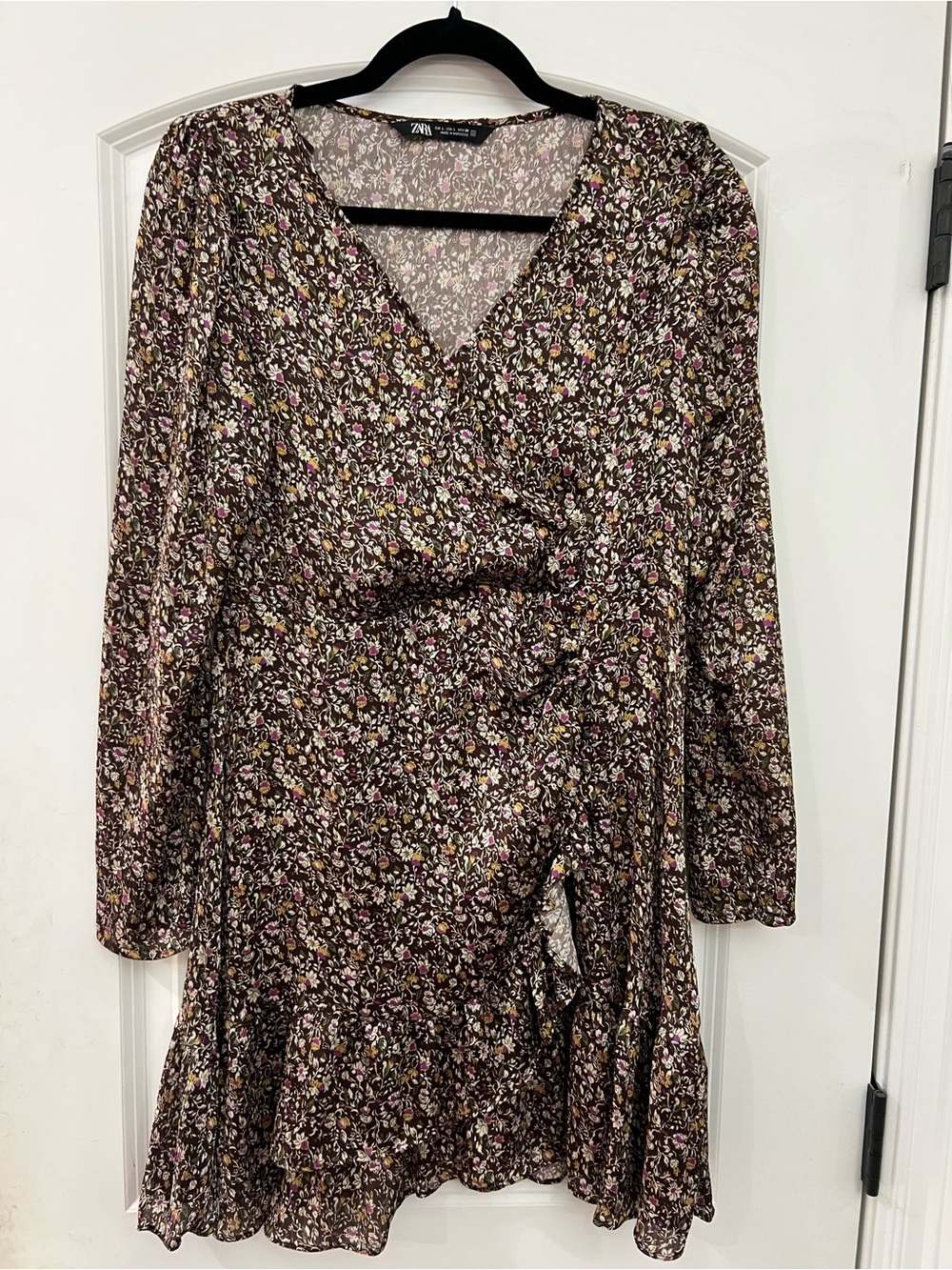 Zara Floral Wrap Long-Sleeve Dress in Brown with Pink and Cream Accents